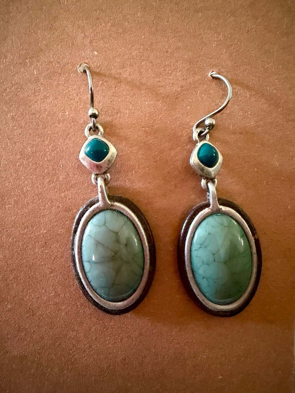 Southwestern Style Silver and Green Turquoise Oval Dangle Earrings